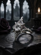 Close-up of Midnight Star Neo-Gothic ring showing star-point filigree detail around the moissanite stone