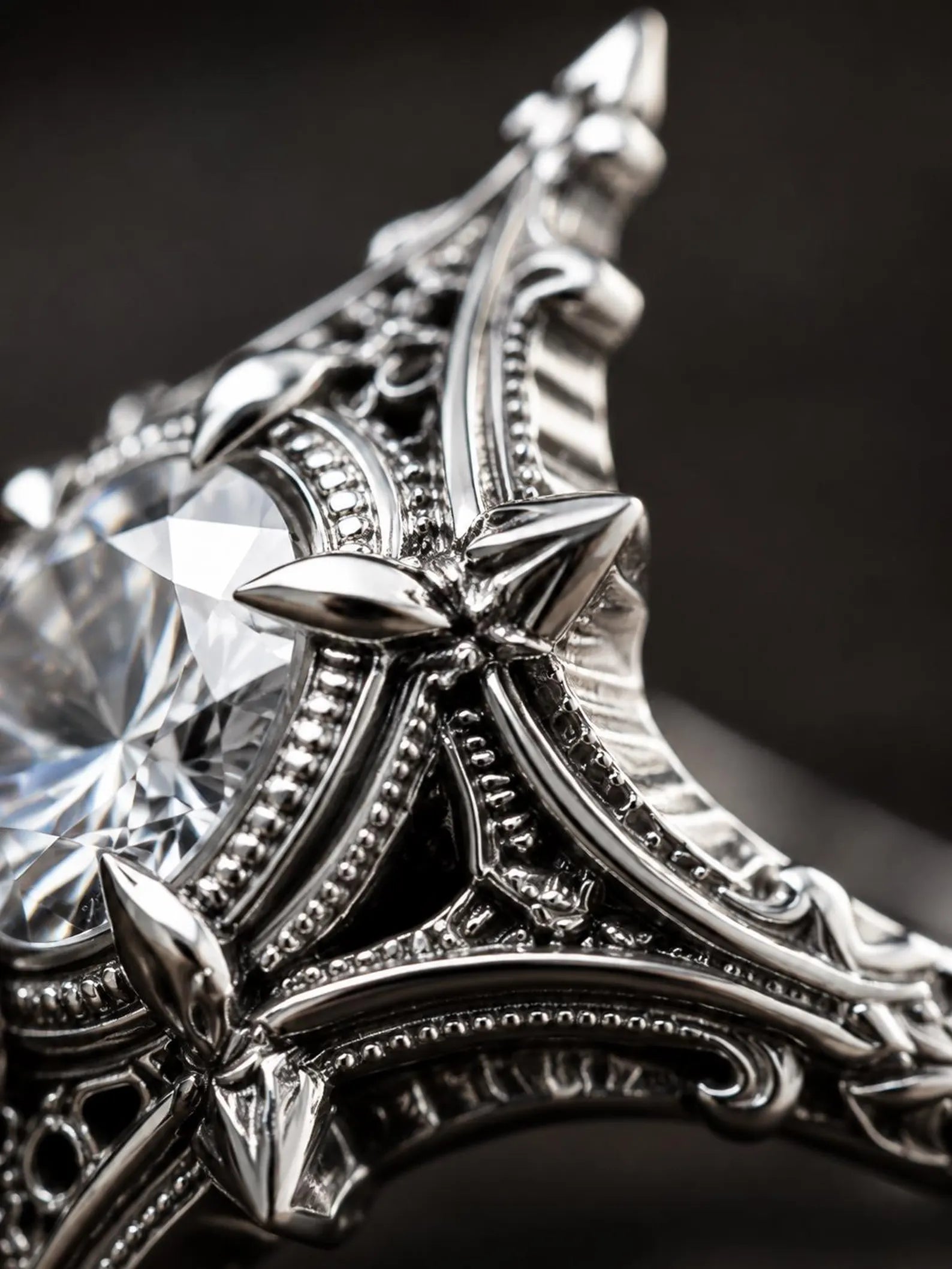 Macro detail of the oxidized sterling silver filigree and cross motifs on the Midnight Star Neo-Gothic ring