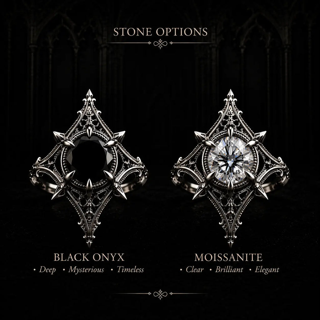 Stone option comparison for Midnight Star Neo-Gothic ring: Black Onyx versus Moissanite