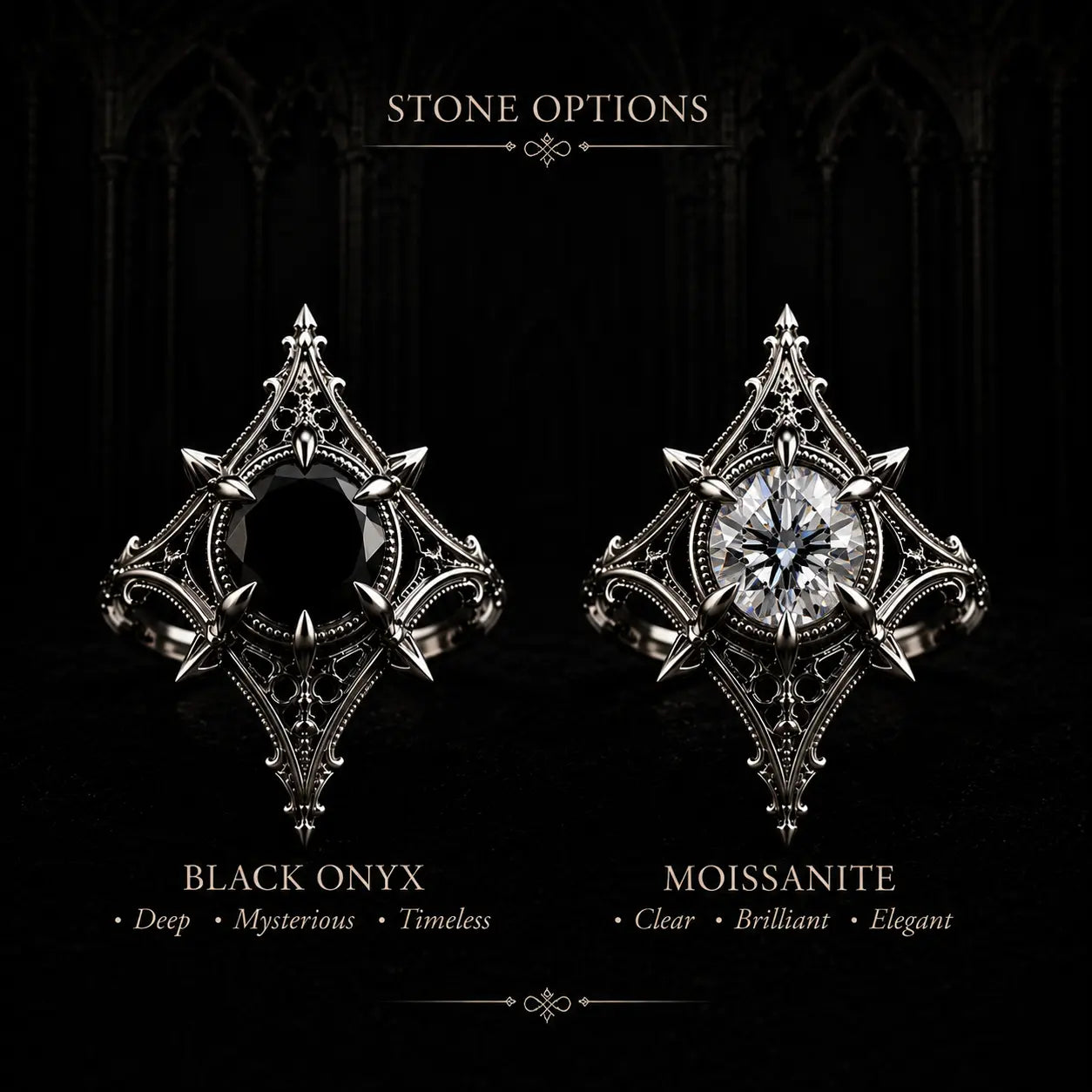Stone option comparison for Midnight Star Neo-Gothic ring: Black Onyx versus Moissanite