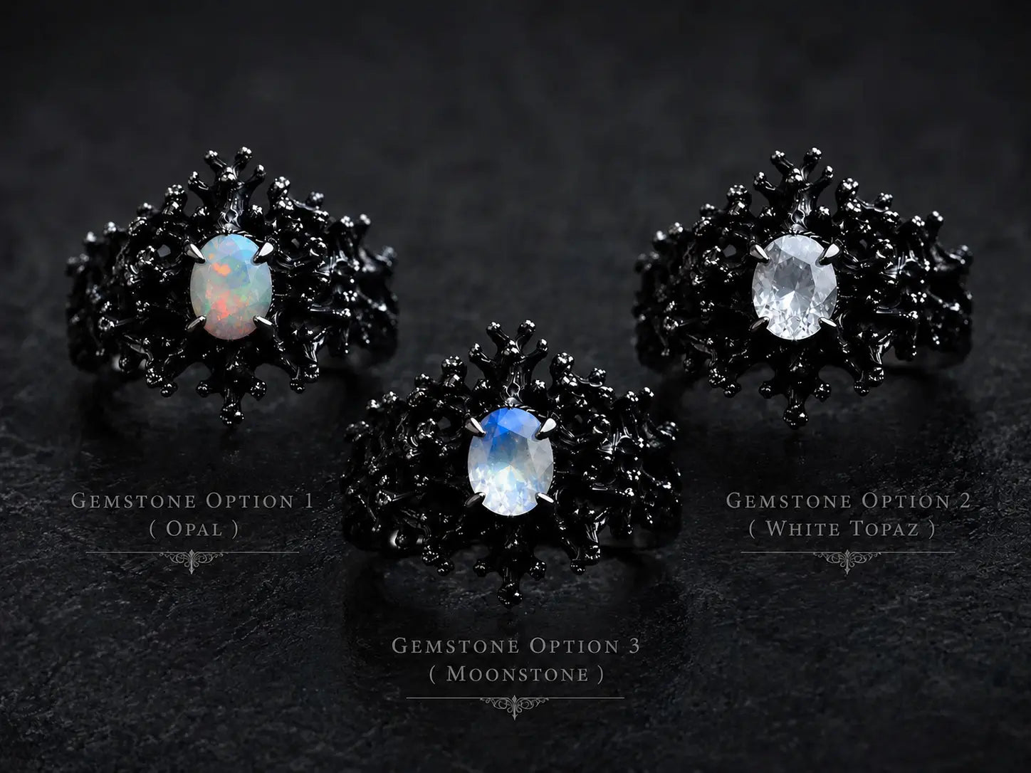 Dark Bloom Ring detail — iridescent oval stone framed by black sterling silver thorns