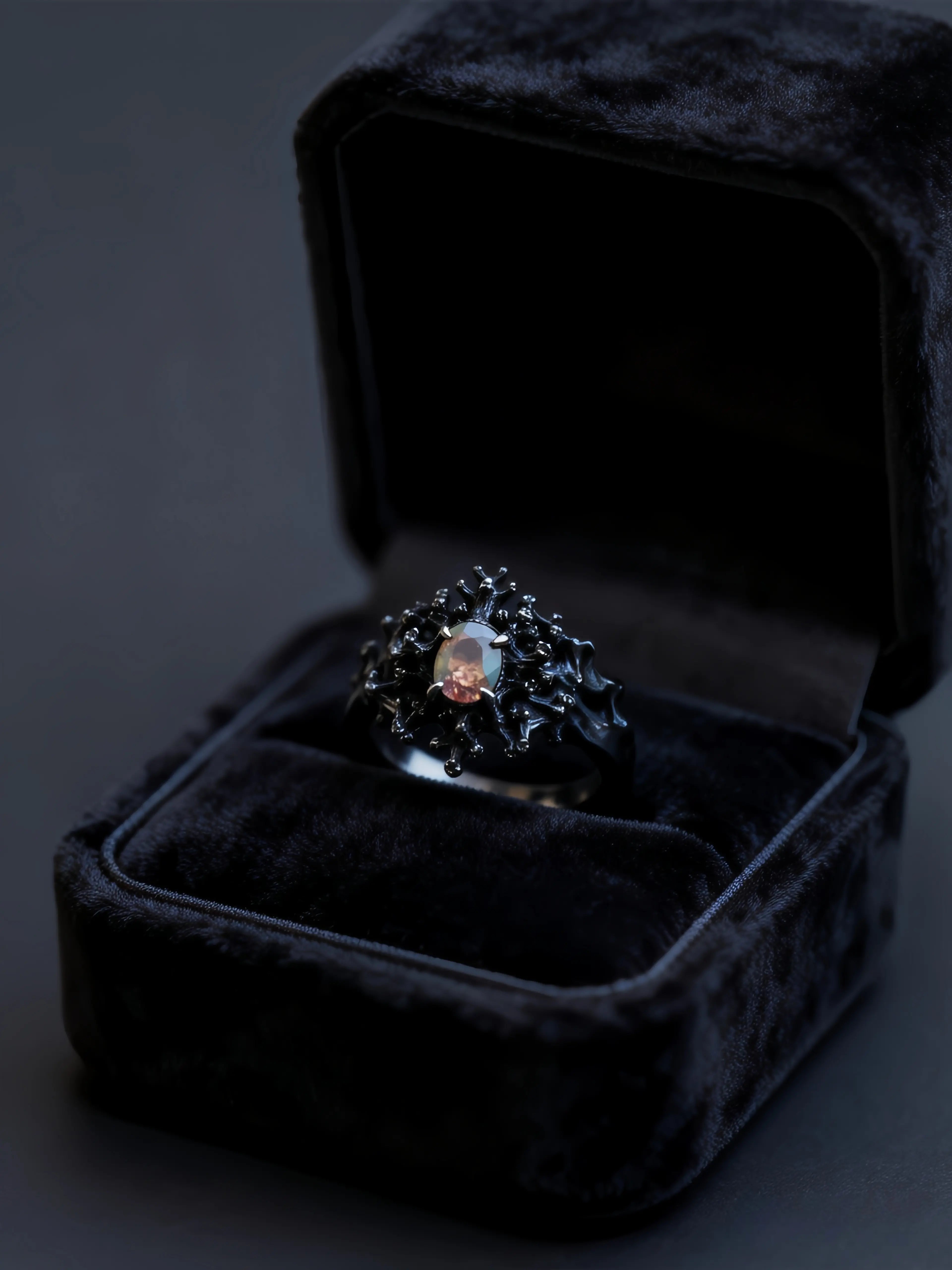 Dark Bloom gothic dark-naturalism statement ring in oxidized 925 sterling silver, full view