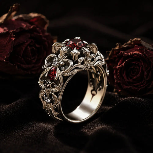 Baroque Cathedral Ring in oxidized sterling silver with red moissanite center stone and gothic cathedral relief