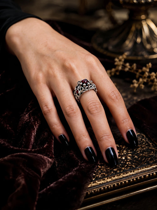 Baroque Cathedral Ring worn on hand showing scale and band profile
