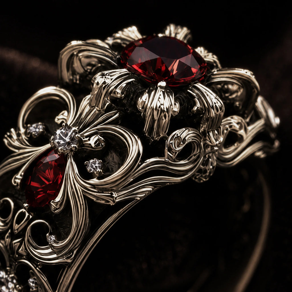 Baroque Cathedral Ring close-up of fleur-de-lis and vine scroll relief on the band