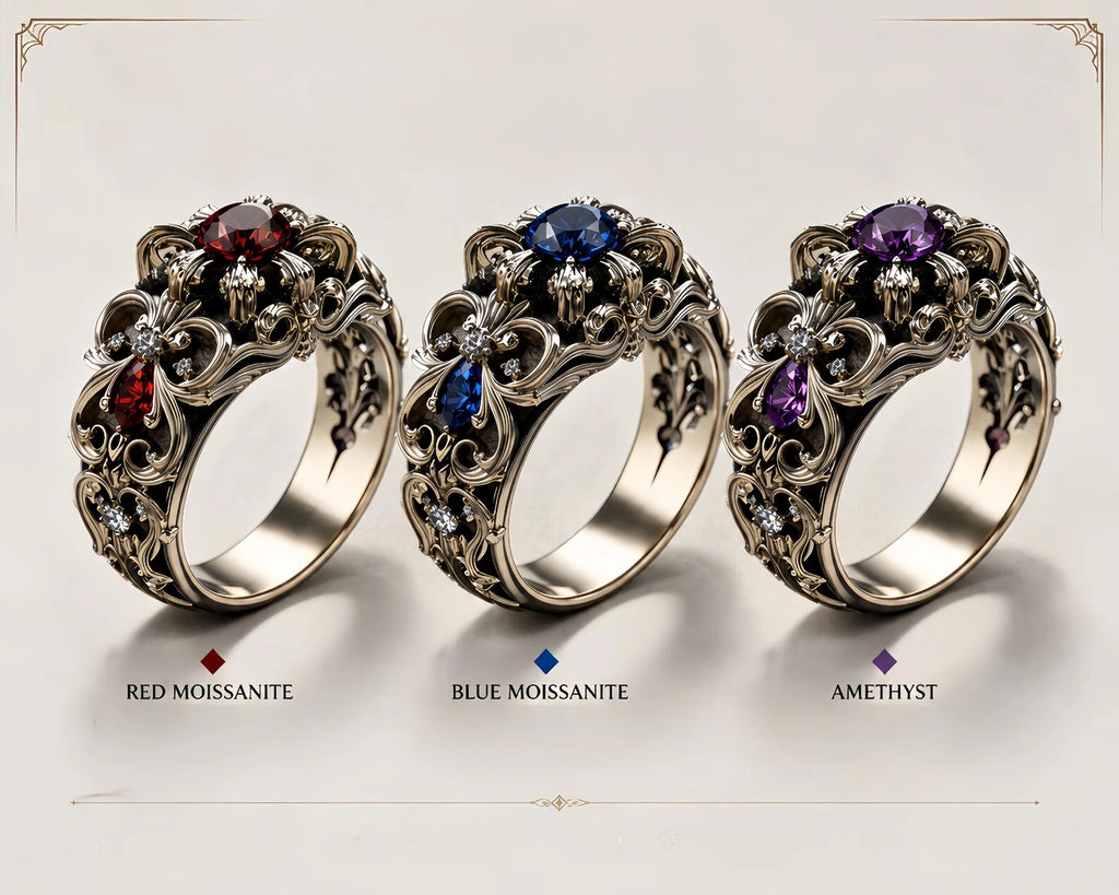 Baroque Cathedral Ring in blue moissanite and amethyst variants side by side