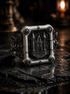 Moth Cathedral Signet Ring, oxidized sterling silver cathedral relief centerpiece
