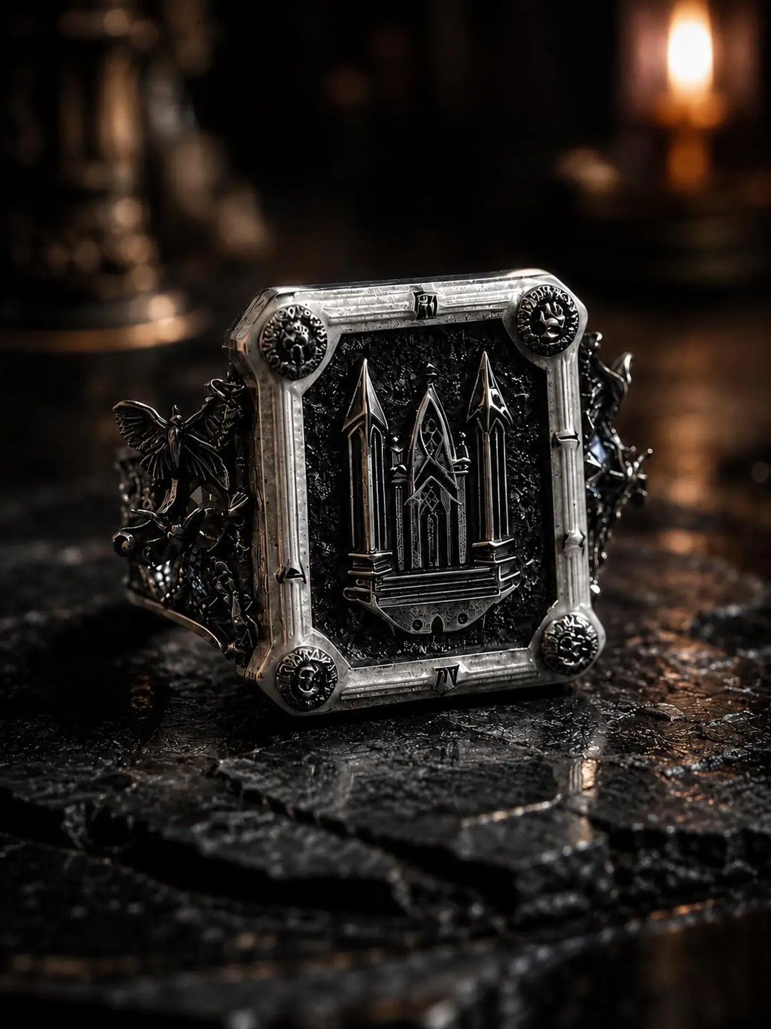 Moth Cathedral Signet Ring, oxidized sterling silver cathedral relief centerpiece