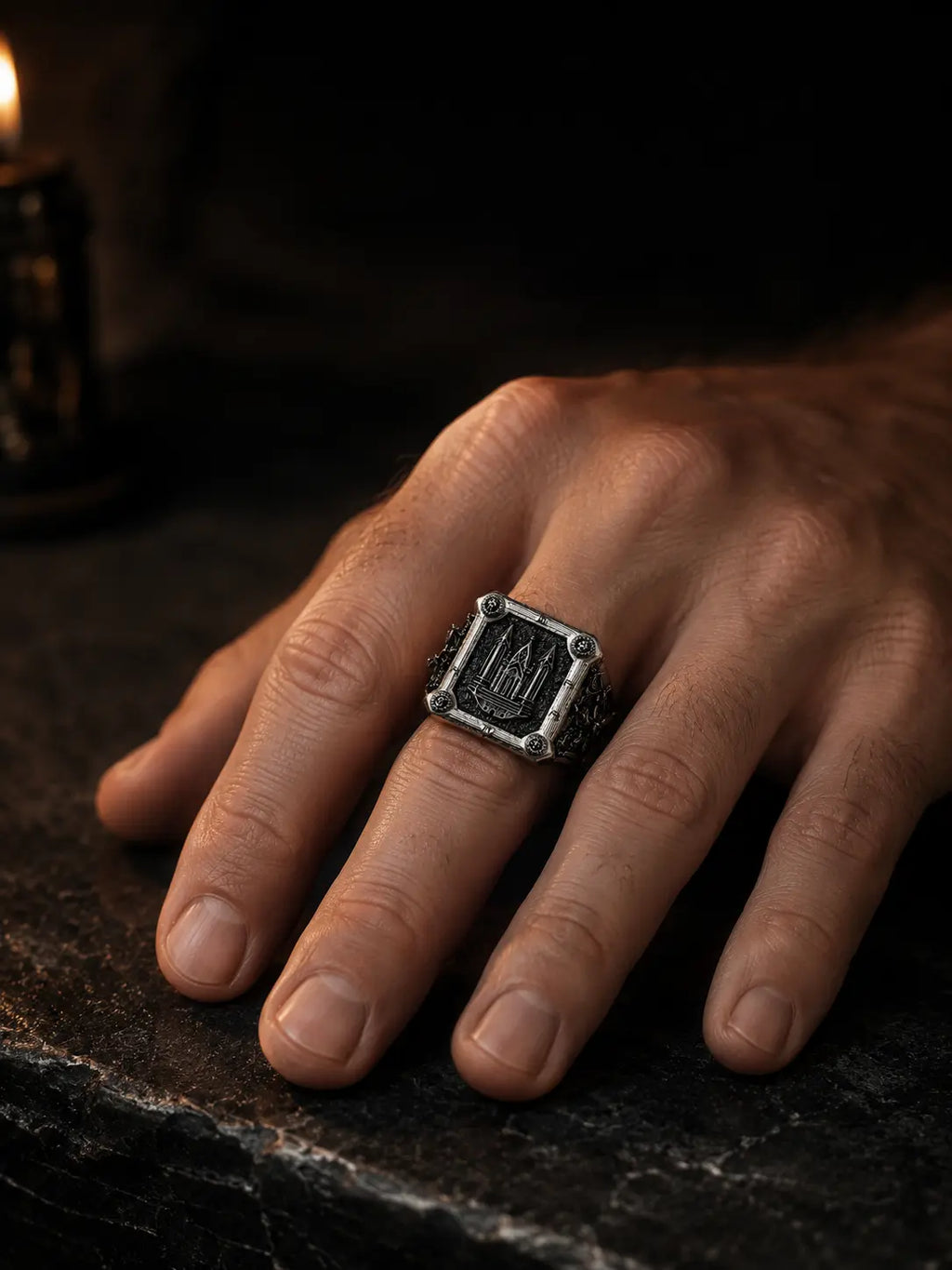 Moth Cathedral Signet Ring worn on hand, Gothic men's signet ring