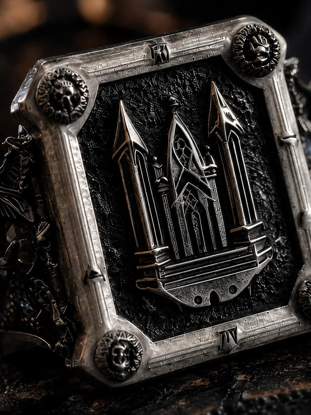 Moth Cathedral Signet Ring, oxidized sterling silver signet detail