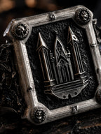 Moth Cathedral Signet Ring, oxidized sterling silver signet detail