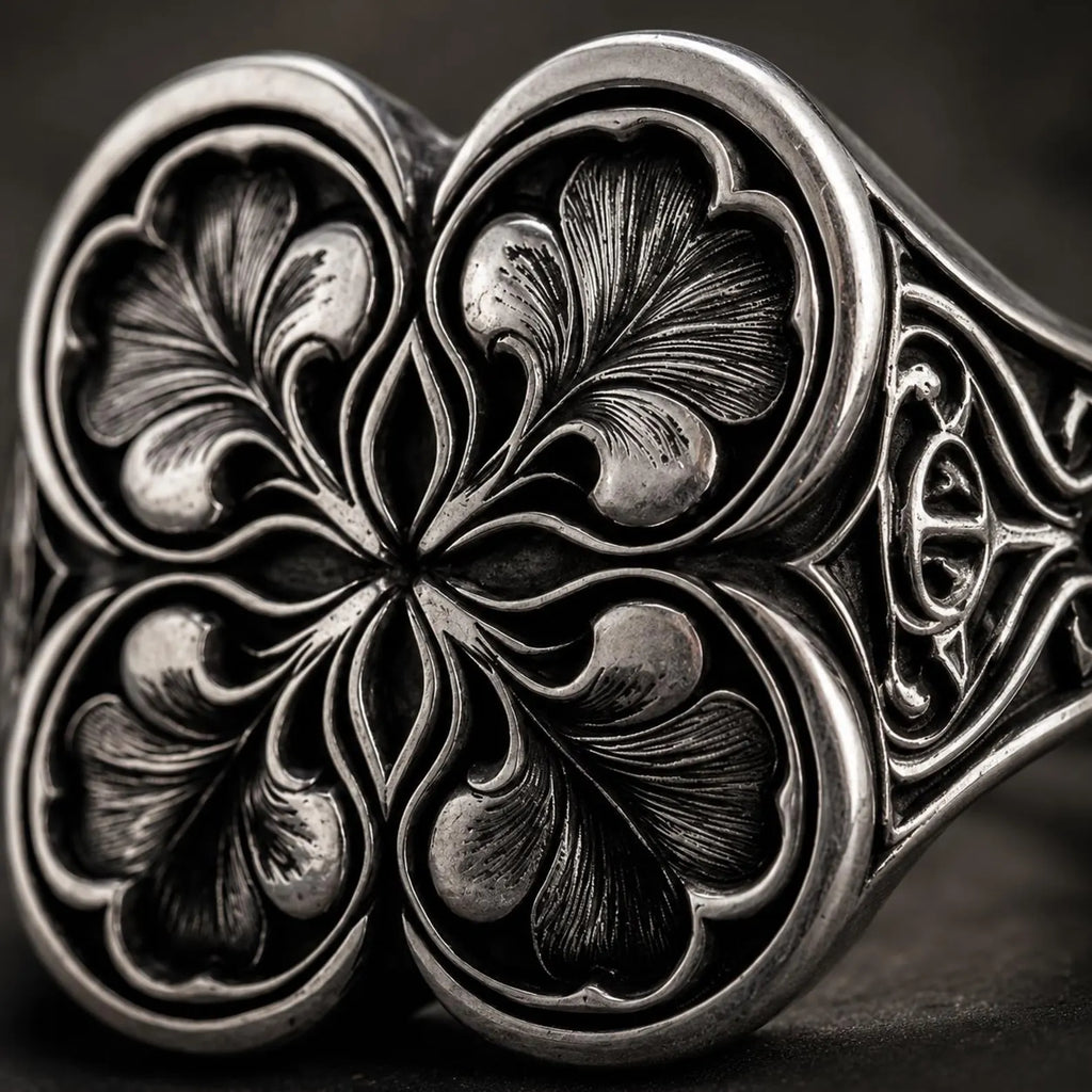 Macro detail of gothic clover ring — hand-engraved quatrefoil leaves in oxidized sterling silver