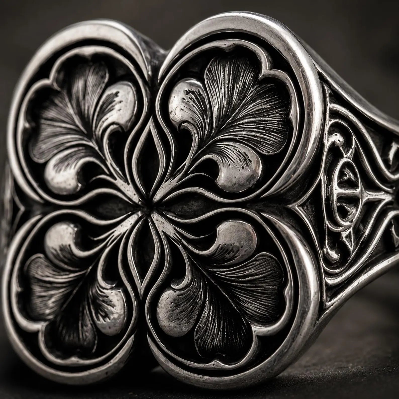Macro detail of gothic clover ring — hand-engraved quatrefoil leaves in oxidized sterling silver