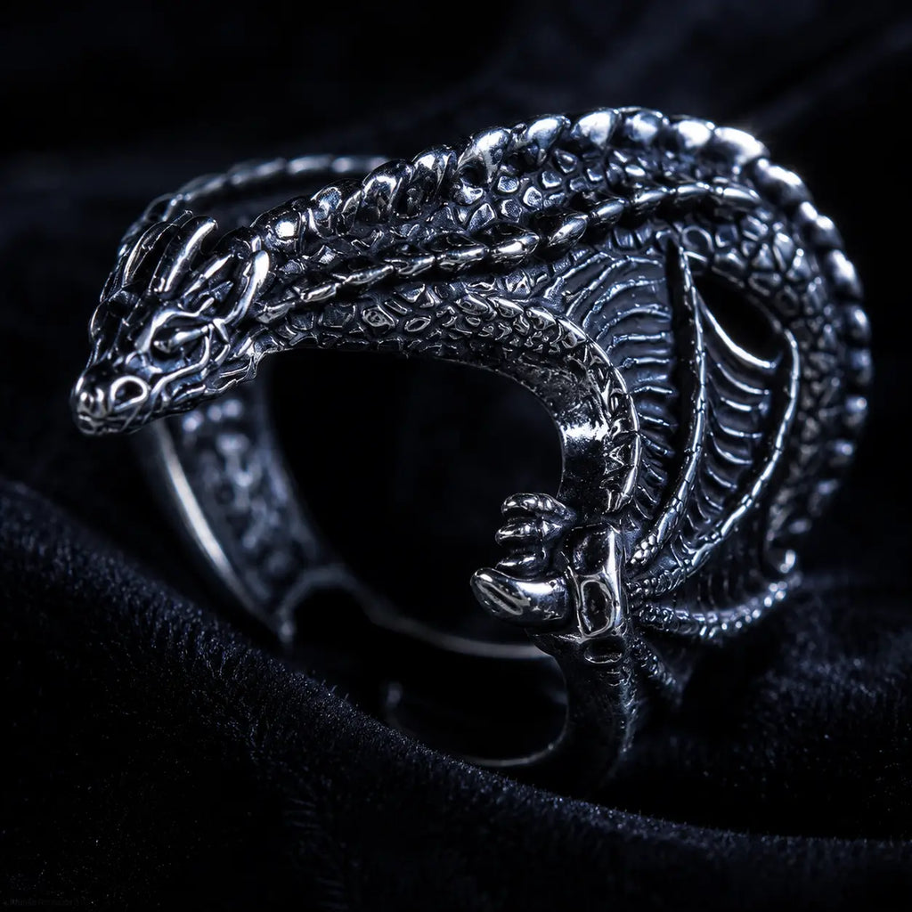 Frost Dragon Ring dragon head detail showing hand-carved snarling face