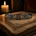 Tree of Life Celtic Cuff in oxidized 925 sterling silver with 24K gold accents and emerald stone, displayed on illuminated manuscript with candle
