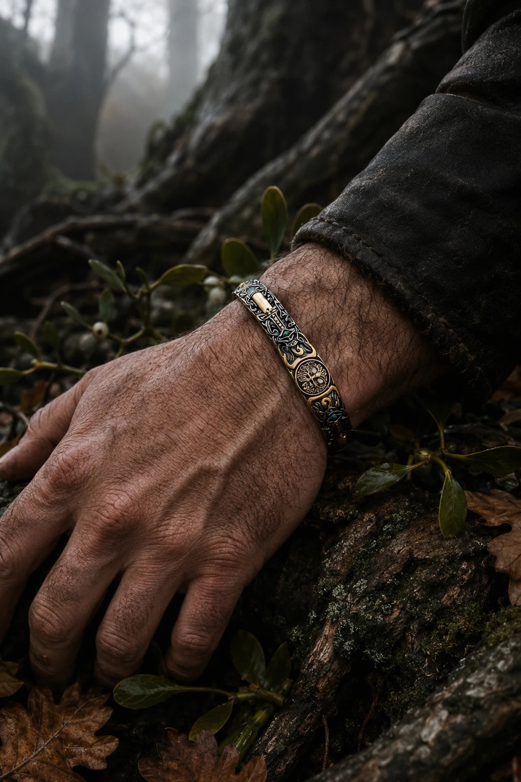Gold Sword Emerald Celtic cuff worn on male hand resting in misty forest