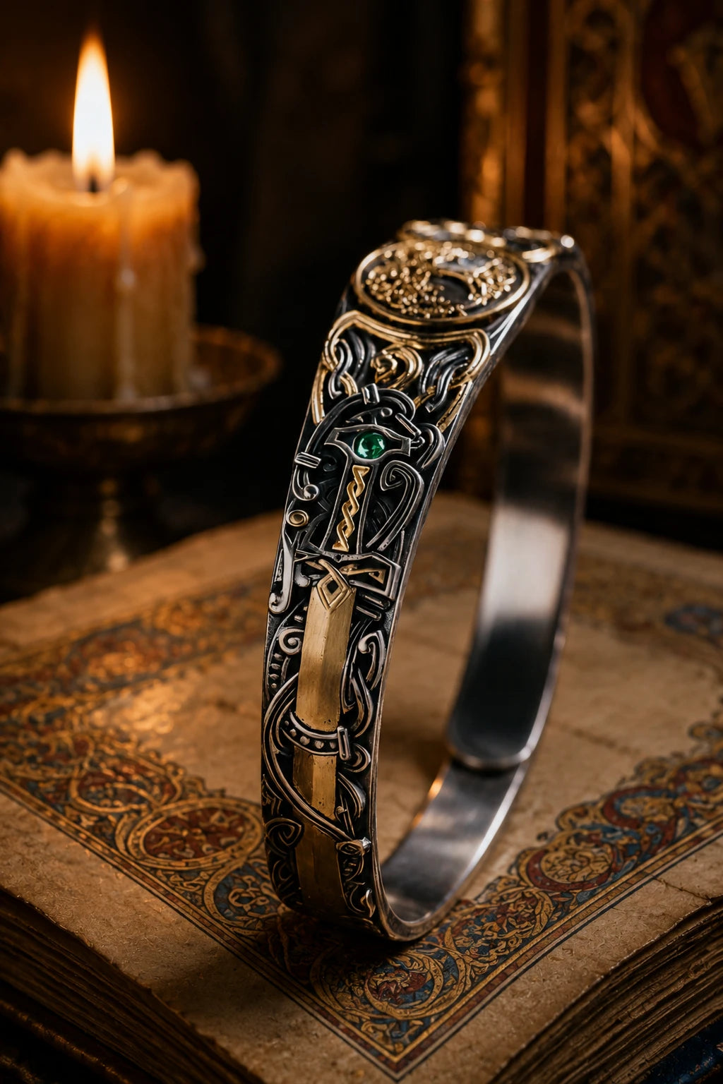 Silver Sword Swiss Blue Topaz Celtic cuff standing upright on illuminated manuscript