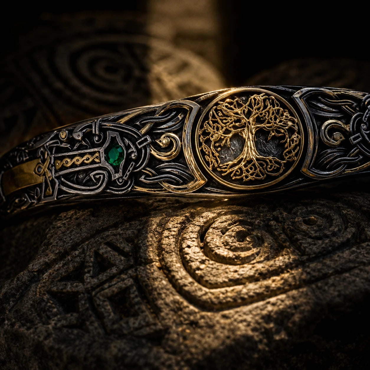 Macro detail of gold Tree of Life medallion and emerald-set sword hilt on Celtic cuff