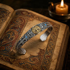 Close-up of gold Tree of Life medallion on Celtic cuff in candlelit corridor