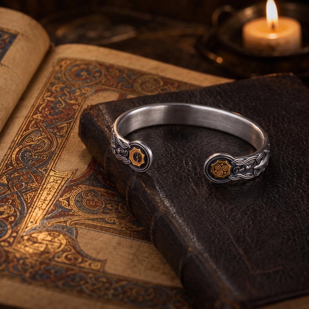 Male hands clasped together wearing Gold Sword Emerald Celtic cuff in forest