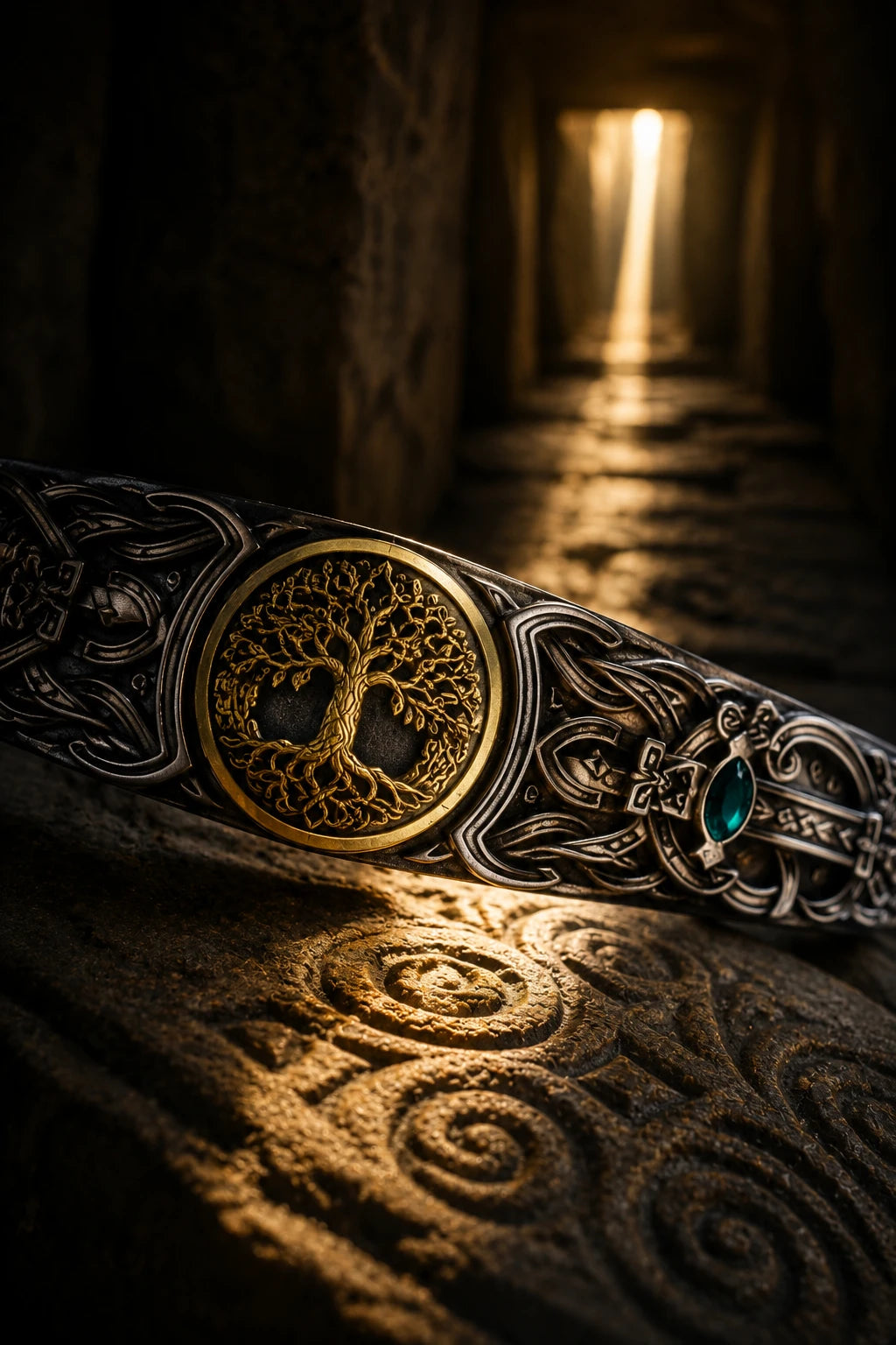 Close-up of Swiss blue topaz stone and Tree of Life medallion on silver Celtic cuff