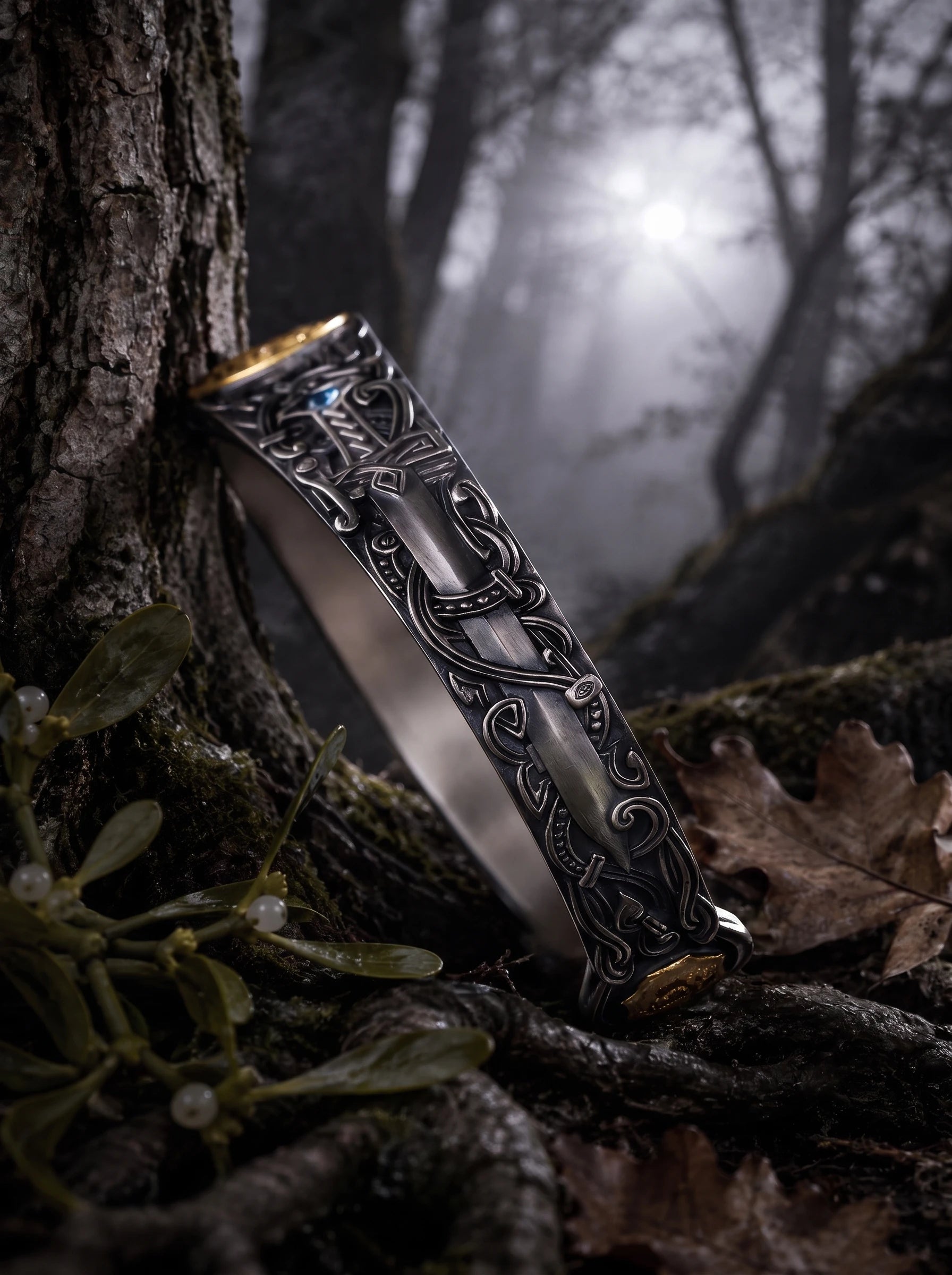 Silver Sword Swiss Blue Topaz Celtic cuff leaning against mossy tree trunk in forest