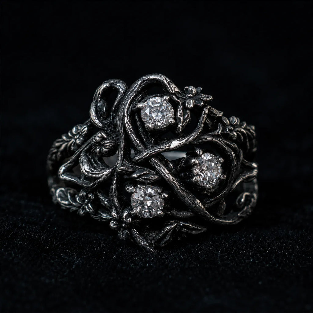 Blackthorn vine three-stone ring in 925 sterling silver with lab diamond — Art Nouveau botanical thorn setting front view