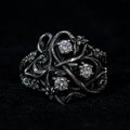 Blackthorn vine three-stone ring in 925 sterling silver with lab diamond — Art Nouveau botanical thorn setting front view