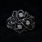 Blackthorn vine three-stone ring in 925 sterling silver with lab diamond — Art Nouveau botanical thorn setting front view