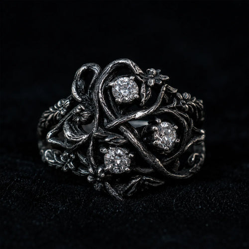 Blackthorn vine three-stone ring in 925 sterling silver with lab diamond — Art Nouveau botanical thorn setting front view