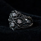 Blackthorn vine ring — three brilliant-cut lab diamonds in hand-oxidized bramble and briar sterling silver setting