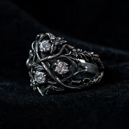 Blackthorn vine ring — three brilliant-cut lab diamonds in hand-oxidized bramble and briar sterling silver setting