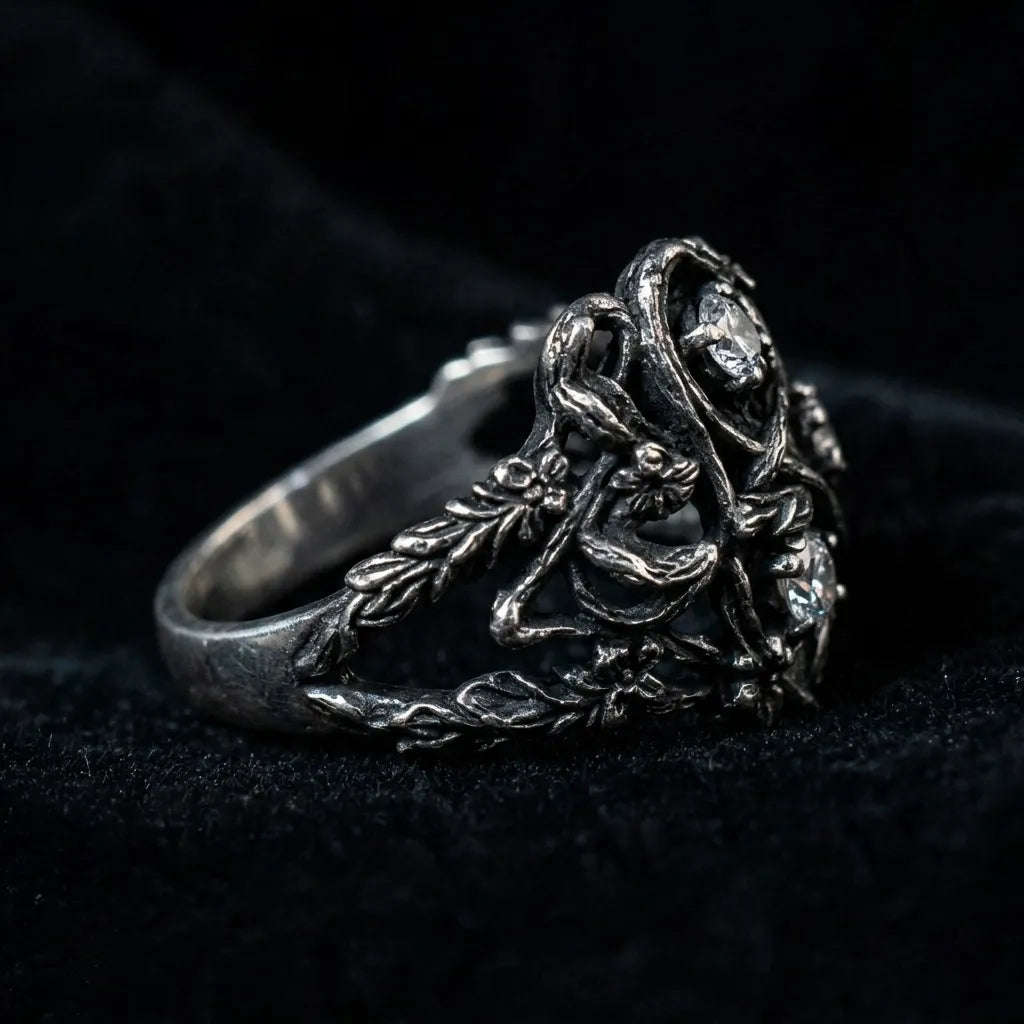 Blackthorn vine three-stone ring with moissanite — Dark Academia botanical engagement ring in oxidized sterling silver