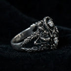 Blackthorn vine three-stone ring with moissanite — Dark Academia botanical engagement ring in oxidized sterling silver