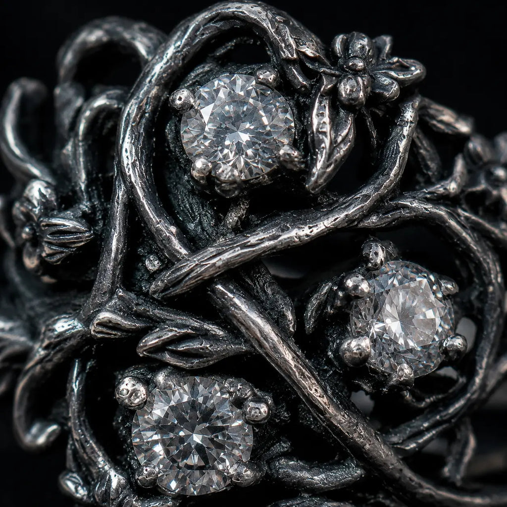 Blackthorn vine ring close-up — chiaroscuro branch patina, textured briars and thorn detail in 925 sterling silver