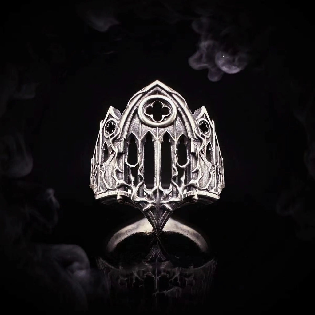 Front view of the Burning Cathedral Ring — pointed arch, cut rose window and pierced lancet tracery in oxidized silver