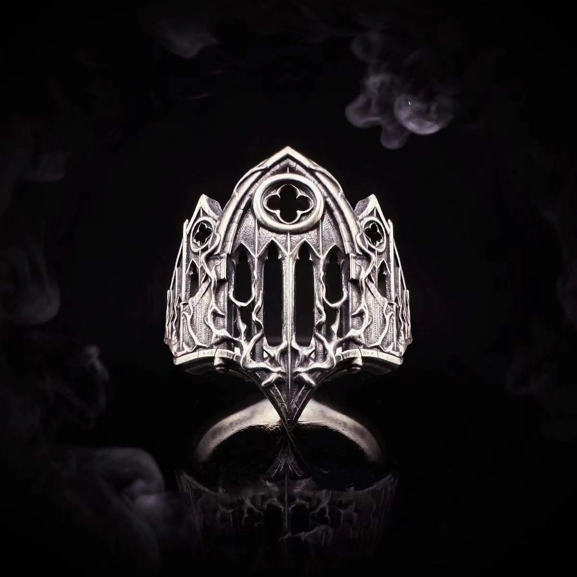 Front view of the Burning Cathedral Ring — pointed arch, cut rose window and pierced lancet tracery in oxidized silver