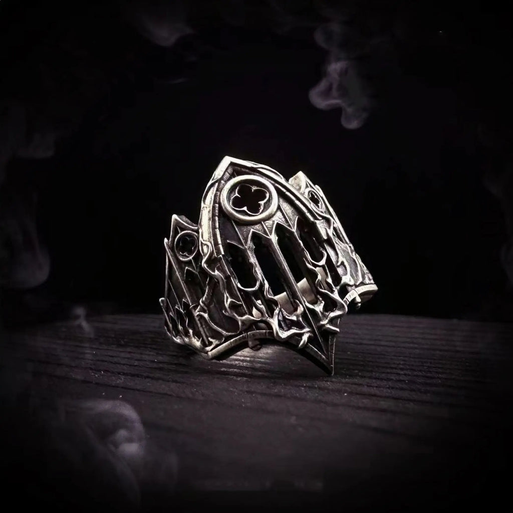 Side profile of the Burning Cathedral openwork ring in oxidized sterling silver