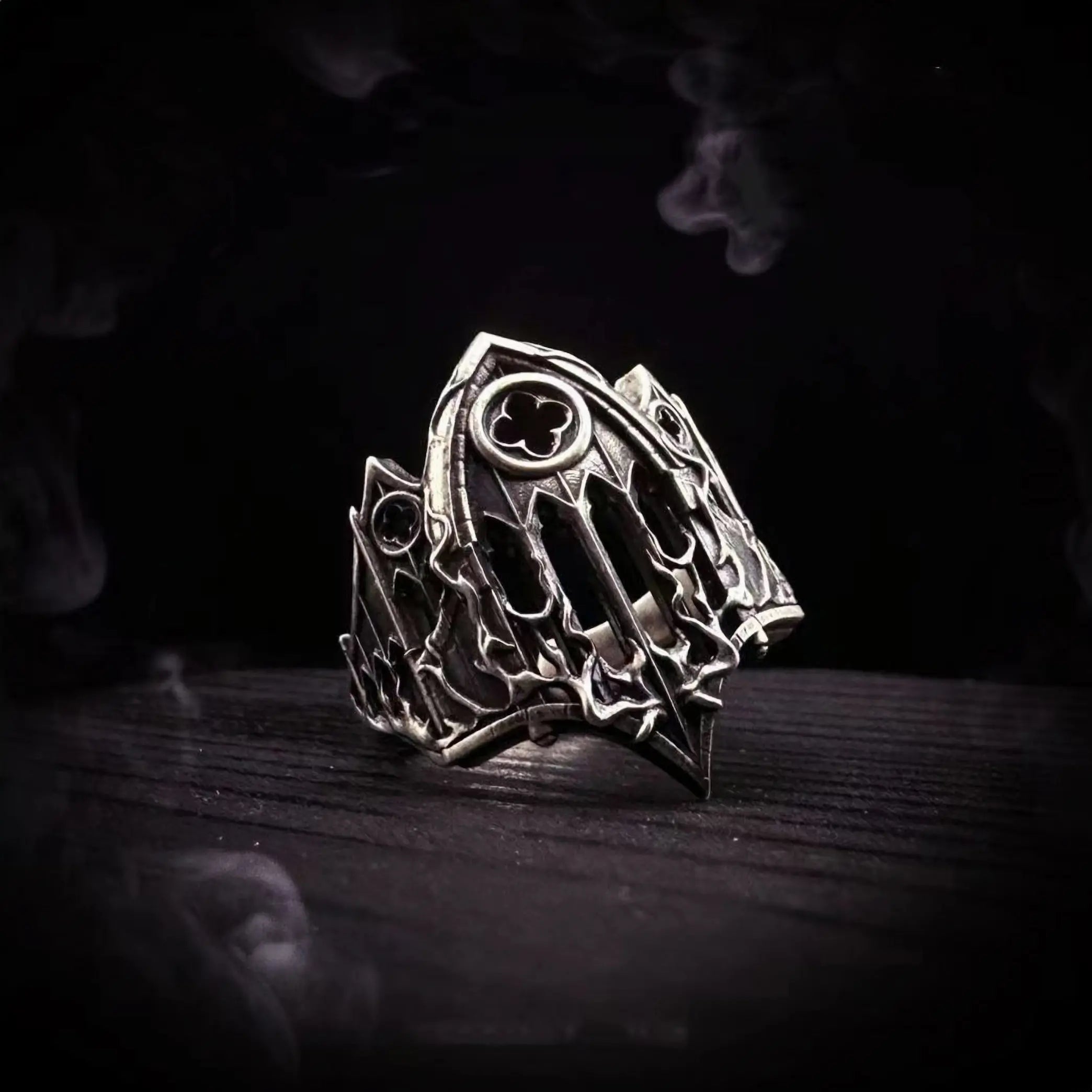 Side profile of the Burning Cathedral openwork ring in oxidized sterling silver