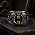 Chess Queen Ring — gold queen chess piece and crown set in an oxidized 925 sterling silver signet with acanthus scrollwork, front view
