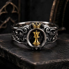 Chess Queen Ring — gold queen chess piece and crown set in an oxidized 925 sterling silver signet with acanthus scrollwork, front view