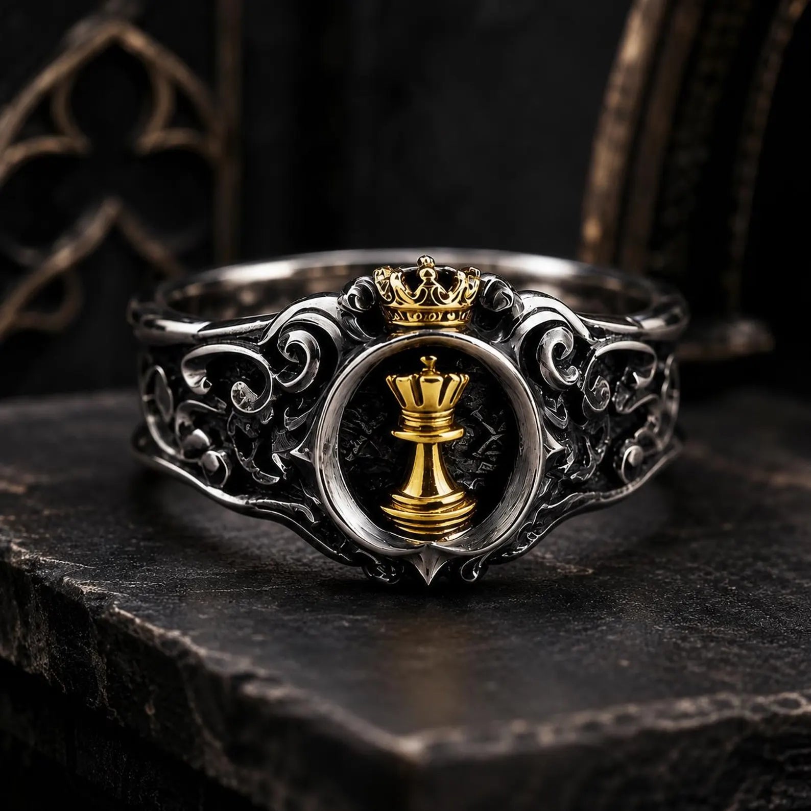Chess Queen Ring — gold queen chess piece and crown set in an oxidized 925 sterling silver signet with acanthus scrollwork, front view
