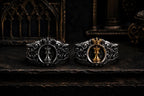 Angled view of the Chess Queen signet ring showing the gold queen, crown and carved sterling silver band