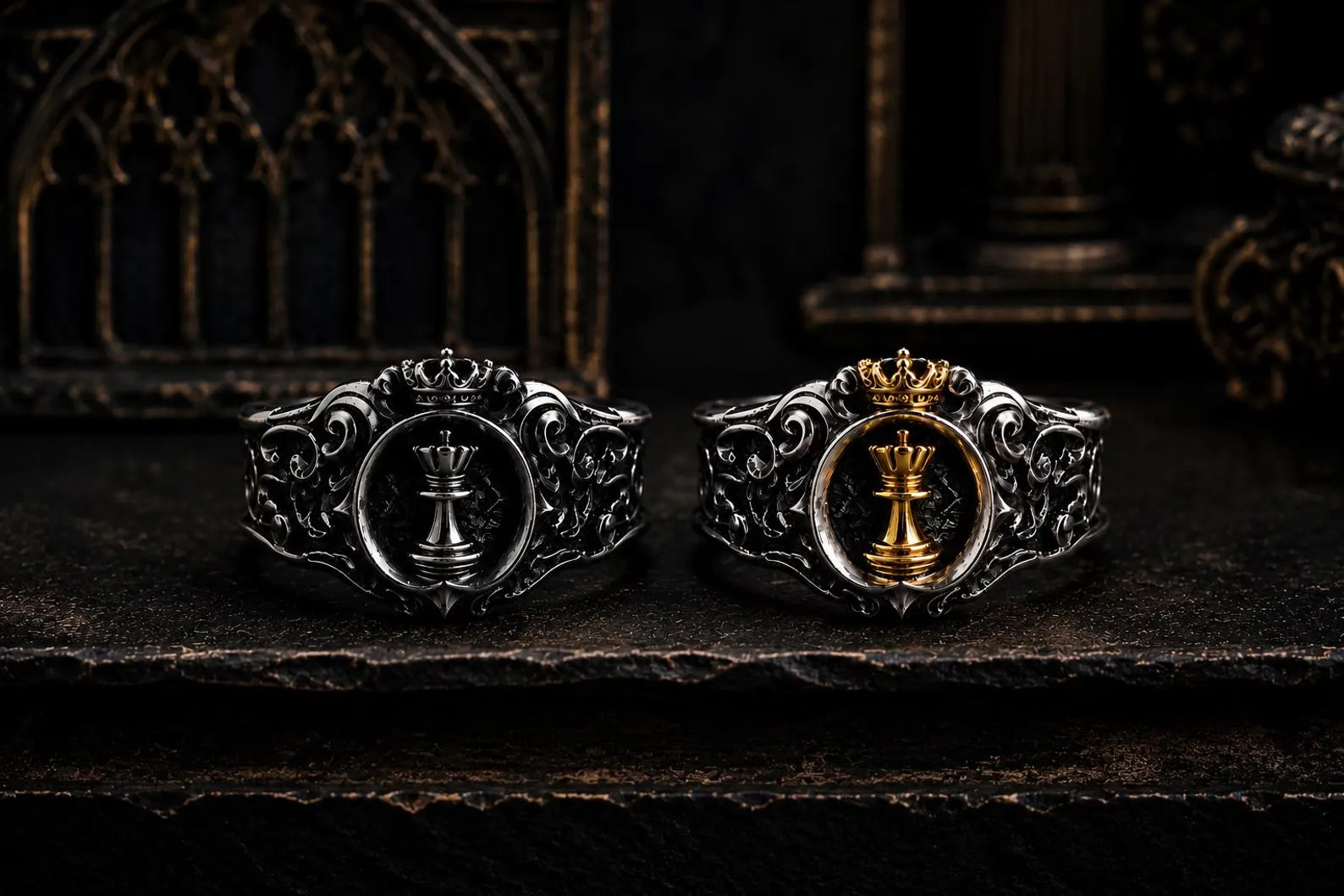 Angled view of the Chess Queen signet ring showing the gold queen, crown and carved sterling silver band