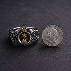 Chess Queen Ring in oxidized sterling silver with an 18K gold-plated queen, detail view
