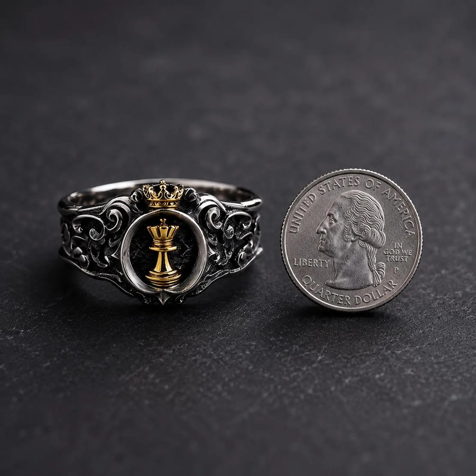 Chess Queen Ring in oxidized sterling silver with an 18K gold-plated queen, detail view