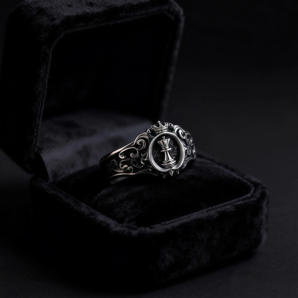Chess Queen Ring — crowned gold queen chess piece signet in 925 sterling silver, full view