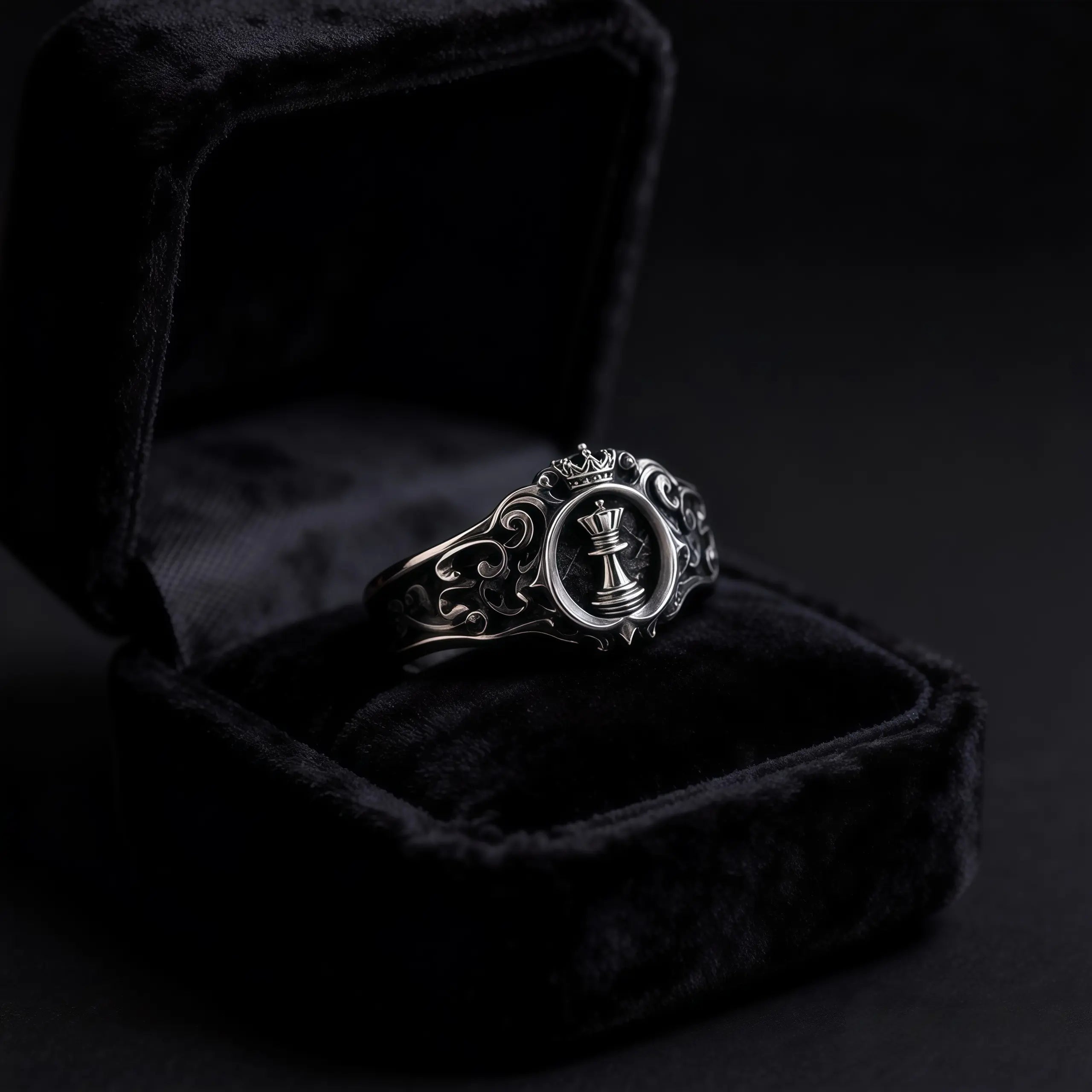 Chess Queen Ring — crowned gold queen chess piece signet in 925 sterling silver, full view