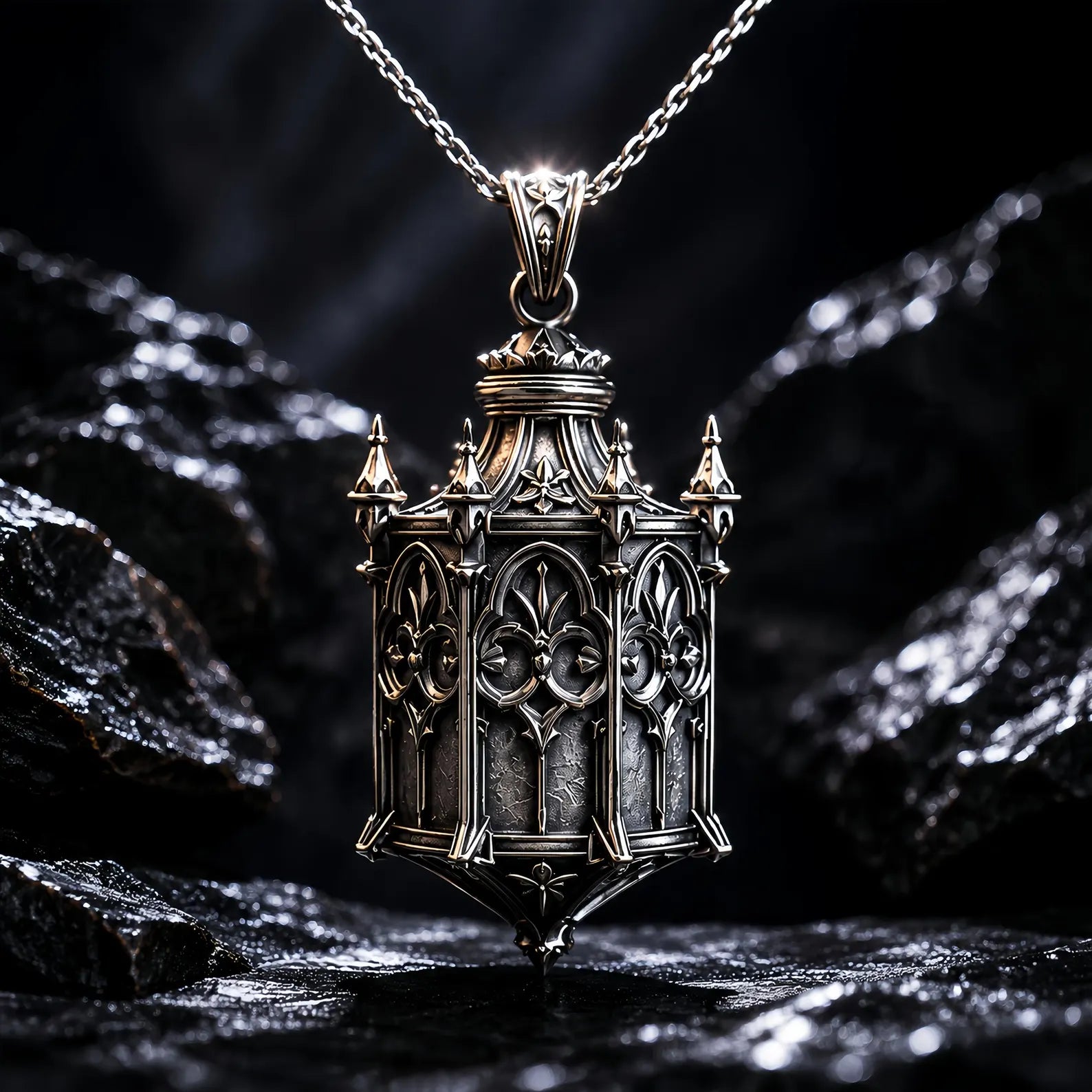 Sterling silver Cathedral Lantern Gothic pendant necklace on a chain against dark rock