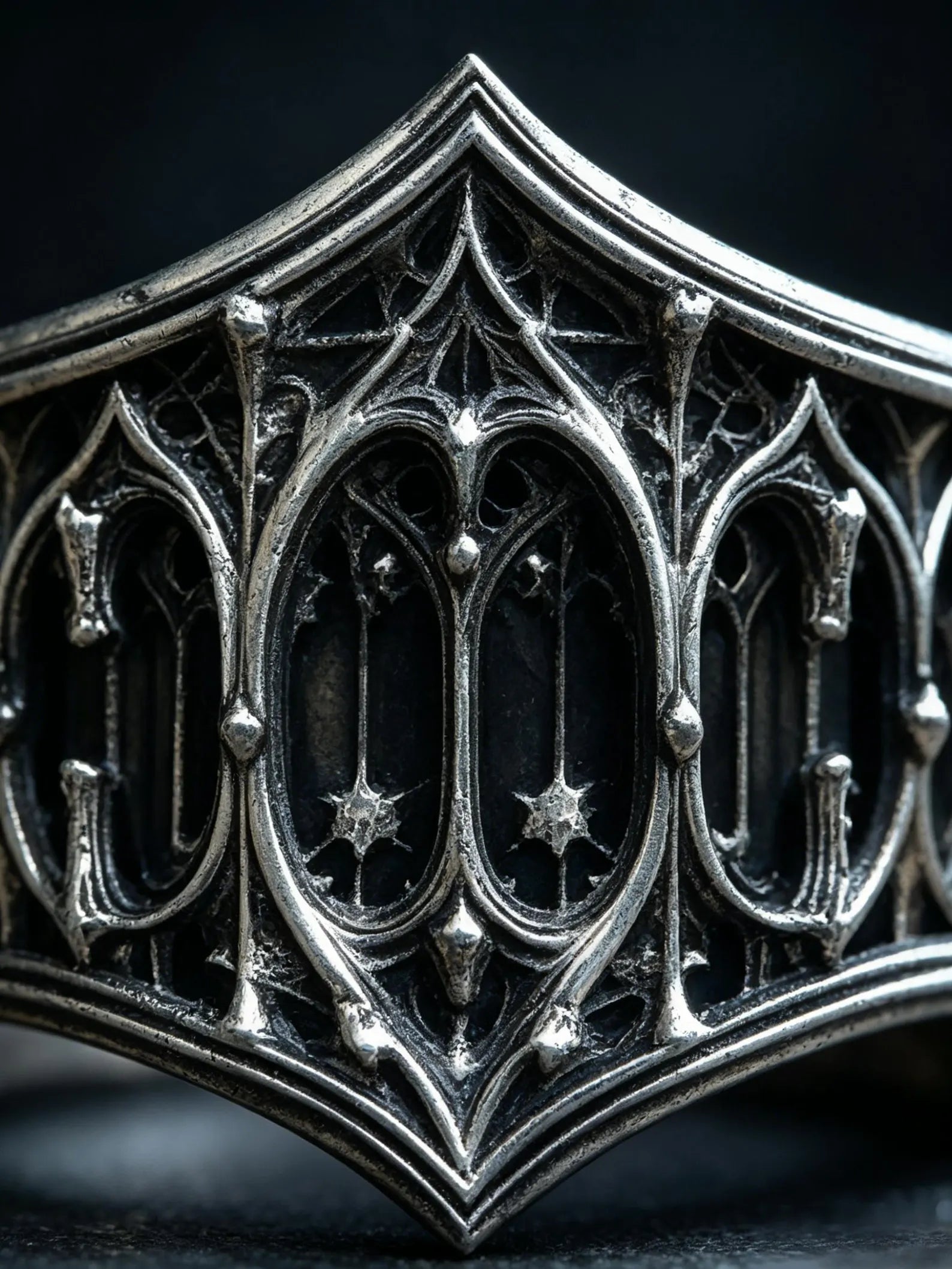Macro detail of the carved Gothic lancet-window tracery and star motifs on the sterling silver band